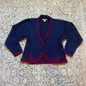 VTG‎ Bryn Connelly blue red embroidered design button cardigan sweater SIZE S